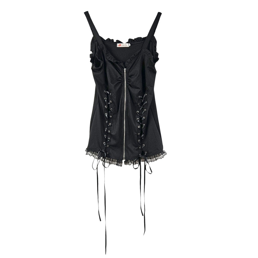 Whimsigoth Black Lace Up Corset Zipper Ribbed Camisole XL Romance Grunge Emo Top - Picture 3 of 9